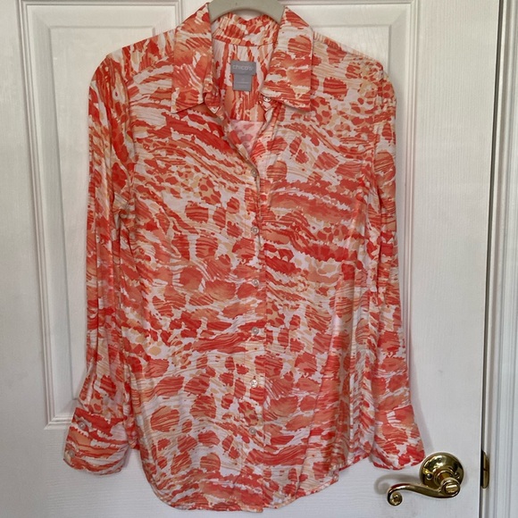 Chico's Tops - Chico's Buttonfront Collar Long Sleeve Blouse - Orange, White Animal Abstract